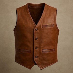 May include: A medium brown leather waistcoat featuring a V-neckline, a front button closure with four matching buttons, one chest welt pocket on the left side, and two lower welt pockets. The garment has a smooth finish and structured seams.