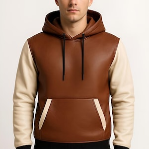 Handmade Two-Tone Leather Hoodie, Cognac Brown & Cream Pullover Sweatshirt