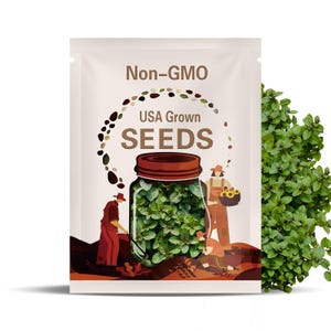 May include: A rectangular seed packet featuring the text Non-GMO USA Grown SEEDS. The design includes a central glass jar filled with green leaves, surrounded by illustrations of three people farming in a field, with a cluster of green mint leaves.