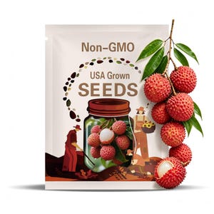 May include: A white seed packet labeled Non-GMO USA Grown SEEDS featuring a graphic of a glass jar filled with lychee fruit, illustrations of people harvesting, and a cluster of fresh red lychee fruits with green leaves on the right side.