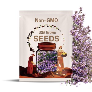 May include: A rectangular seed packet featuring the text Non-GMO USA Grown SEEDS. The design includes a central mason jar filled with purple flowers, surrounded by illustrations of people gardening. A cluster of fresh purple lavender sits to the right.