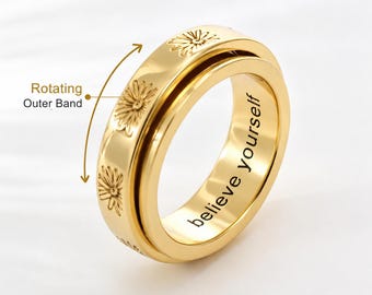 Anello personalizzato con nome e fiore, con incisione interna ed esterna, anello girevole floreale personalizzato con incisione, regalo di compleanno per lei, regalo per la migliore amica