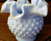 vintage Fenton art glass - RARE rough PERIWINKLE Hobnail RUFFLED ginger jar Vase
