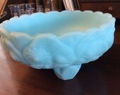 vintage Fenton art glass - RARE rough large BLUE SATIN Rose Bowl Milk Glass