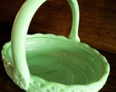 vintage Fenton art glass - Stunning Jadite Green WOVEN BASKET rare milk glass