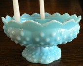 vintage Fenton art glass - Blue MILKGLASS Pedestal CANDLE Bowl HobNail