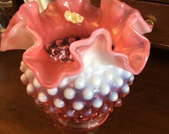 vintage Fenton art glass - cranberry rose moonstone Hobnail RUFFLED GINGER Jar Vase ...
