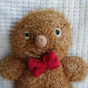 May include: A brown fuzzy knitted teddy bear with a red bow tie and a pink nose. The bear is smiling and has black eyes.