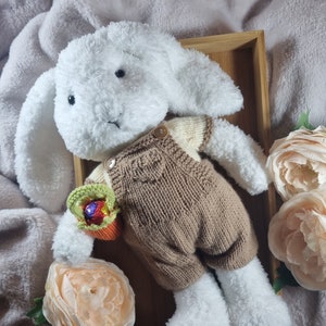 May include: A white plush bunny rabbit wearing brown overalls and holding a small basket with a chocolate egg. The bunny is sitting in a wooden box with pink flowers in the background.