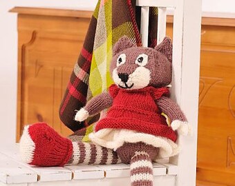 Miss Foxy knitting pattern red dress and boots knitted fox toy