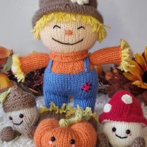 May include: A collection of knitted fall-themed figures. A smiling scarecrow doll with a brown hat and yellow hair stands with arms outstretched. Other figures include a pumpkin, mushroom, and acorn, all with smiling faces. The figures are made of yarn.