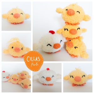 May include: A collection of crocheted chick and chicken plushies. The plushies are yellow and white with embroidered eyes and beaks. The plushies are arranged in a variety of poses.