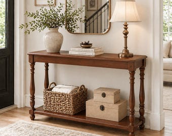 Solid Wood Console Table with Storage Shelf, Farmhouse Sofa Table for Entryway Decor