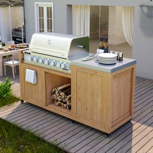 May include: A stainless steel outdoor grill station with a light wood cabinet base on wheels. The unit features a large cooking hood, six control knobs, a side counter with a stack of white plates, and an open storage shelf filled with firewood.