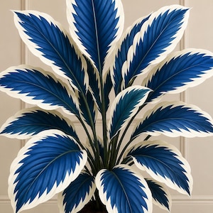 Op de afbeelding: Een potplant met grote, puntige bladeren met een diepblauw centrum en een opvallende, brede witte rand. Het blad groeit in een dichte, symmetrische opstelling en straalt vanuit een centrale basis uit in een zwarte, cilindervormige pot.