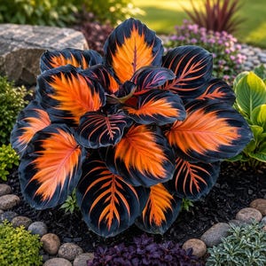 Könnte beinhalten: Eine lebendige Pflanze mit großen, ovalen Blättern, die eine tiefschwarze Grundfarbe und auffällige, leuchtend orangefarbene Zentralmuster aufweisen, die zu den Rändern hin ausstrahlen und einen starken Kontrast bilden.
