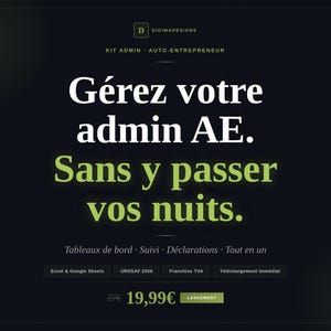 Peut inclure: Un kit administratif numérique pour auto-entrepreneurs avec le texte : Gérez votre admin AE. Sans y passer vos nuits. Tableaux de bord, Suivi, Déclarations, Tout en un. Inclut des étiquettes Excel, Google Sheets, URSSAF 2026 et Franchise TVA.