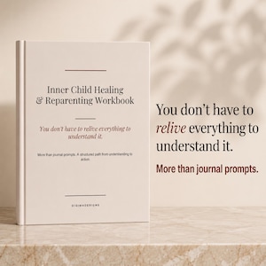 Peut inclure: Un cahier d'exercices beige intitulé Inner Child Healing & Reparenting Workbook avec du texte brun foncé. La couverture présente la phrase You don't have to relive everything to understand it et More than journal prompts. A structured path from understanding to action.