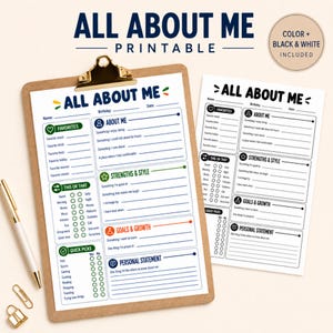 May include: A printable All About Me worksheet set featuring sections for favorites, strengths, style, goals, and personal statements. One version is in color with blue, green, and orange accents, while the other is in black and white.