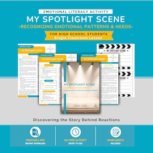 May include: An educational resource titled My Spotlight Scene: Recognizing Emotional Patterns & Needs for high school students. The set includes multiple printed pages, worksheets, and a central cover sheet featuring a stage with spotlights.
