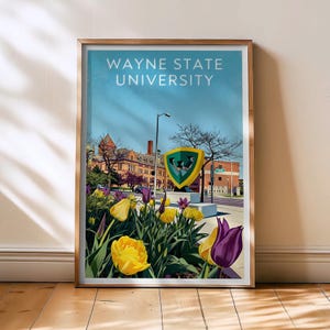 Plakat Wayne State University – wydruk artystyczny z Detroit, prezent dla studenta kończącego studia, dekoracja akademika, kampus WSU
