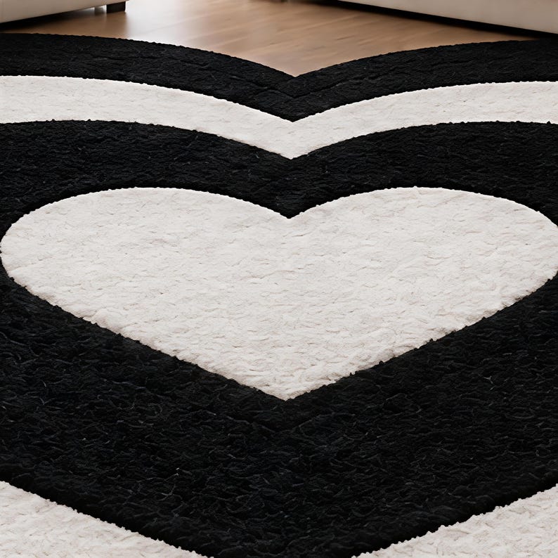 Hand Tufted Wool Heart Rug: Black White Modern Bedroom Living Room ...