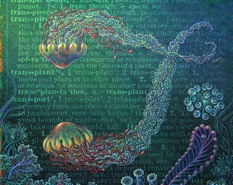Sea life art print, Transpicuous: Two glowing jellyfish swim in the deep ocean. Undersea decor, underwater art, Letter T, Save the Ocean Art