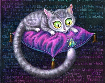 Cat eyes art print, Chatoyant: Grey tabby cat with glowing green eyes, seated on silk cushion, with beetle. Cat lover gift, Initial letter C