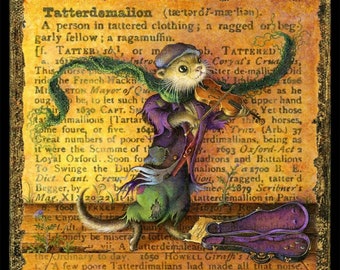 Tatterdemalion: fantasy animal musician art print. A ragamuffin busker (who happens to be an otter) plays his violin on a Victorian street