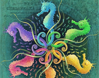 Fantasy seahorse art print, Color wheel, Rainbow beach decor, Chesapeake Bay art, Lined seahorse beach wall art, Underwater beach print