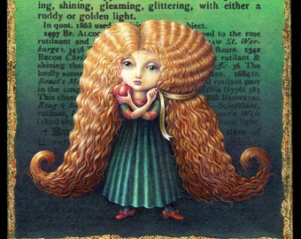 Oddly cute redhead fantasy art painting, Rutilant: Pale girl with long, curly golden-red hair. Rossetti meets pop surrealism.