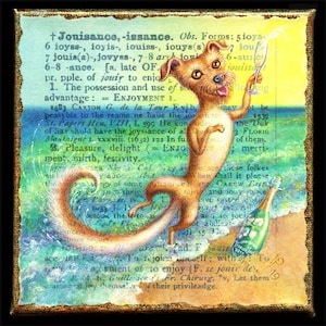 Funny dog art print, Jouissance: a happy dog drinking champagne & dancing on the beach. Alphabet Letter J, beach decor, dog lover gift, joy