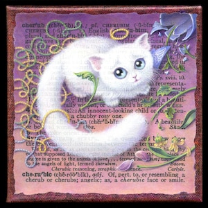Peut inclure: Un chaton blanc aux yeux bleus joue avec une ficelle color&eacute;e. Le chaton est entour&eacute; d'une page de dictionnaire vintage avec la d&eacute;finition du mot "ch&eacute;rubin".