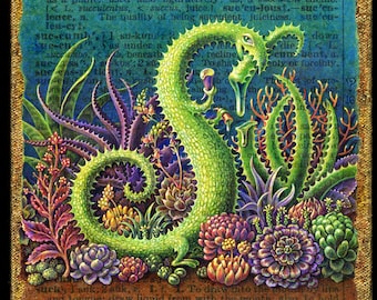 Botanical art print, Succulent: A green monster camouflaged as an aloe plant enjoys a juicy snack in a succulent garden. Letter S, fantasy