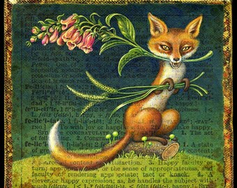 Felicitous- Woodland fox art print: red fox with foxgloves, grass & foxfire mushrooms- Alphabet letter F- Forest animal art,