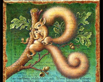 Whimsical animal art print, Robustious: parent & baby squirrels, acorns. Nature art, animal lover, squirrel decor, cute animal art, wildlife