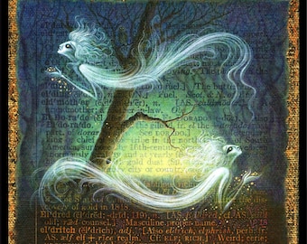 Impression d'art fantastique, Eldritch : des créatures fantomatiques hantent une forêt enchantée. Esprits magiques, lettre E, macabre, art sombre, décoration d'intérieur gothique