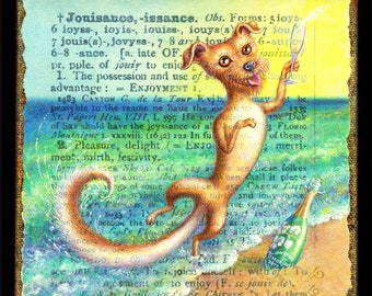 Funny dog art print, Jouissance: a happy dog drinking champagne & dancing on the beach. Alphabet Letter J, beach decor, dog lover gift, joy