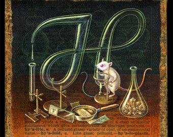 Year of the Rat art print, Hyaloid: A white rat chemist at work in the laboratory. Lab glass, alchemy oddity, crystals science lab mouse