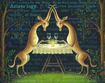 Animal lovers painting, Aristology: Amorous antelopes dining. Wine lover, vegan foodie, vegetarian gift, dark cottagecore romantic  decor