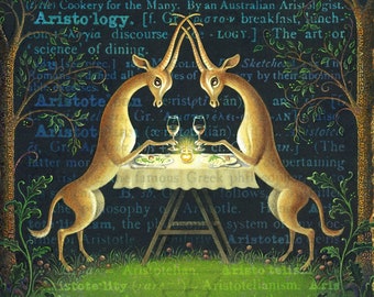 Animal lovers art print, Aristology: Antelopes glamping. Wine lover, vegan foodie, vegetarian gift, dark cottagecore romantic dining decor