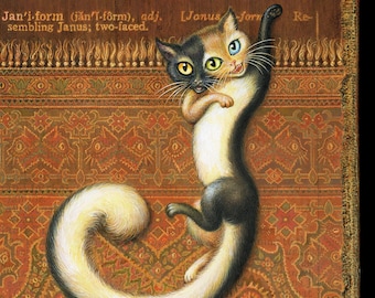Janiform: Surreal two-faced, three eyed tortoiseshell cat art print. Mysterious moody cat on a curious carpet. Halloween decor, weird oddity
