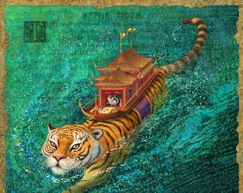 Year of the Tiger art print, Voyager: a water tiger swims with mouse passenger. Chinese Zodiac, houseboat decor, travel gift, animal fantasy