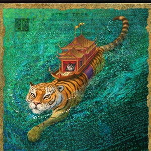Year of the Tiger art print, Voyager: a water tiger swims with mouse passenger. Chinese Zodiac, houseboat decor, travel gift, animal fantasy