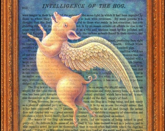 Year of the pig print, Pig/Latin: a flying pig ascends above sizzling bacon. Funny kitchen decor, pig lover gift, surreal fantasy