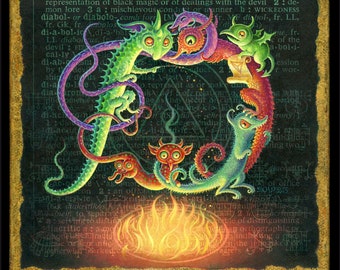 Creepy cute Halloween fantasy art print, Diablerie: An odd gathering of devilishly playful creatures hover above a mysterious magic fire