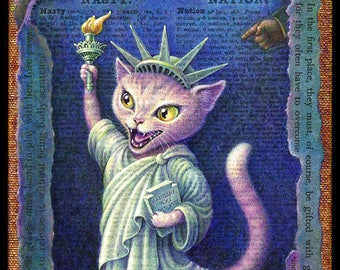 Political cat art print, Nasty Nation: pink pussycat in Lady Liberty costume, anti-Trump, pussy grabs back, women's march, nasty woman art