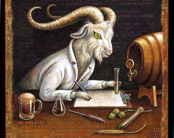 Funny craft beer painting 6x6, Zymology: Goat scientist analyzing home brew. Beer lover gift, chemistry art, alphabet letter Z, goat art
