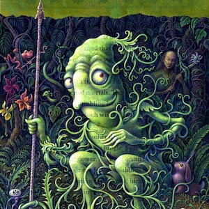 May include: A green, leafy creature with large eyes sits on a bed of green leaves and vines. The creature is holding a spear and has a friendly expression. The background is a dark green with text that is partially obscured by the creature.
