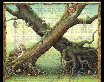 Woodland art print, Xylophilous: Tree wildlife-- beaver, owl & other birds, squirrel, mushrooms, ferns. Cottagecore decor, rustic cabin art